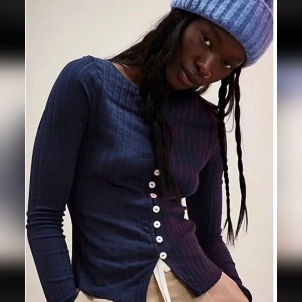 Free People Tilly Long Sleeve Cardi NWOT size XS Navy Blue Ribbed Sweater